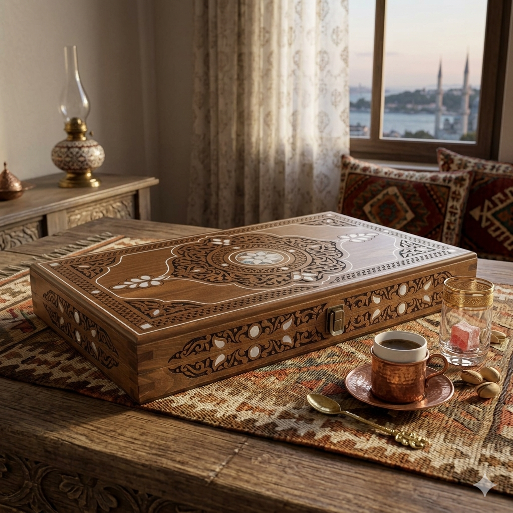 20.5 Inch Topkapı Backgammon Set - Green & White Mother of Pearl