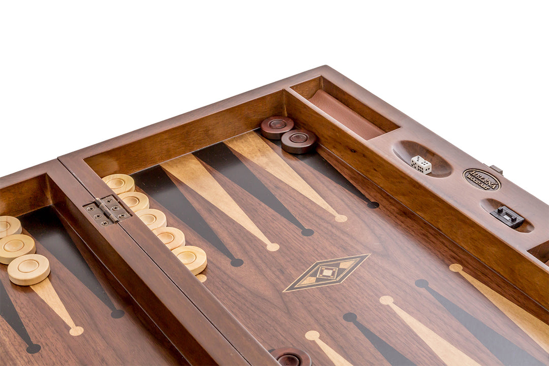 Juego De Backgammon De Madera De Nogal Helena Woodland – Tablero De 20 Cm Con Incrustaciones De Madera De Arce Y Palisandro, Incluye 15 Fichas, 4 Dados Y Cubilete, Acabado Mate De Lujo