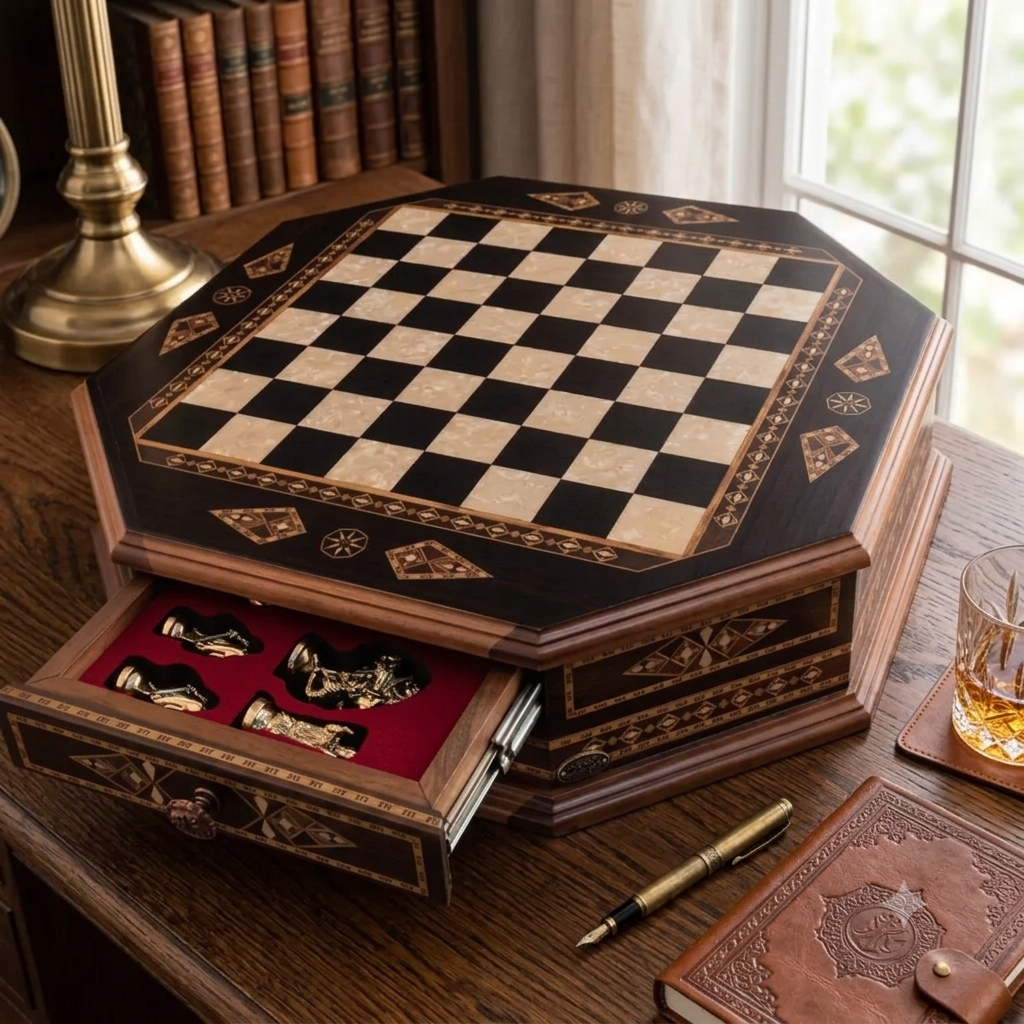 21.26 Inches Octagon Chess Set With Crusaders Metal Figures