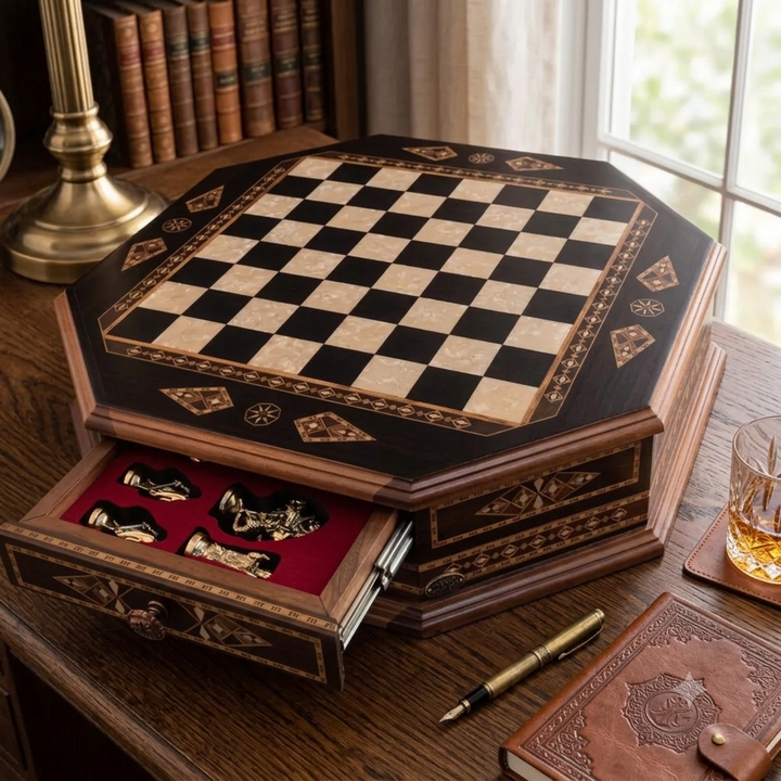 21.26 Inches Octagon Chess Set With Crusaders Metal Figures