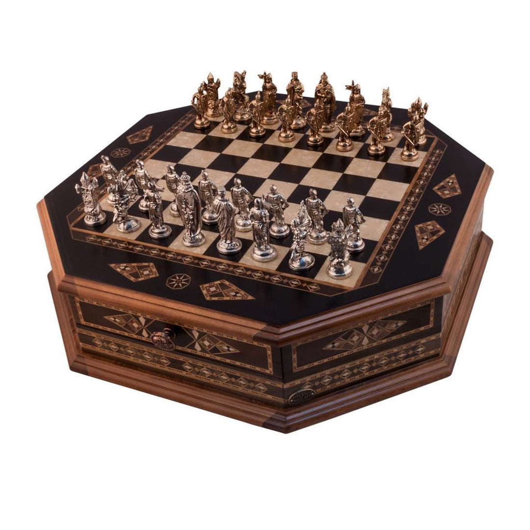 21.26 Inches Octagon Chess Set With Crusaders Metal Figures